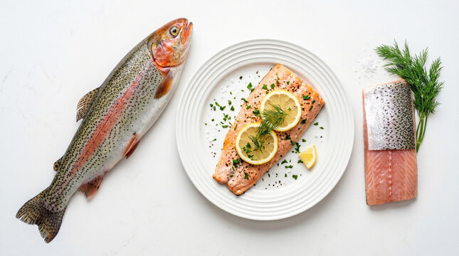 Fresh rainbow trout and salmon fillets with lemon and herbs