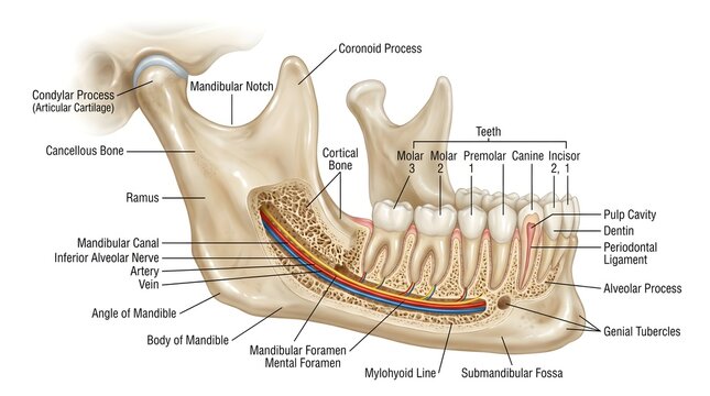 Lateral view of human mandible showing body, ramus, condylar and coronoid processes, mandibular canal with inferior alveolar nerve and vessels, mental foramen, tooth roots, pulp cavity and surrounding