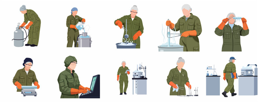 Senior woman scientist working in cryogenic laboratory set, professional female researcher in coveralls handling liquid nitrogen and industrial equipment, flat vector illustration