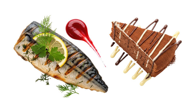 Grilled Fish with Lemon Slice and Herb Accompanied by Chocolate Cake Slice with Transparent Background