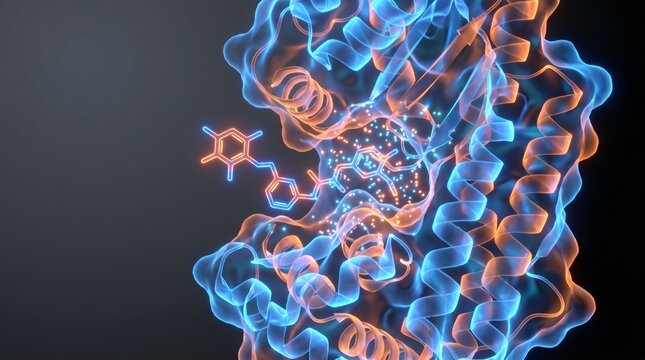 3D rendering of a protein molecule interacting with a small molecule ligand, illustrating molecular biology and drug discovery.