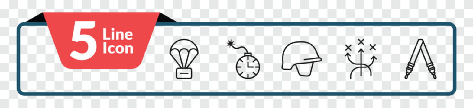 outline army and war icons set - parachute, time bomb with clock, militar strategy, shoulder strap. editable vector for web and mobile ui