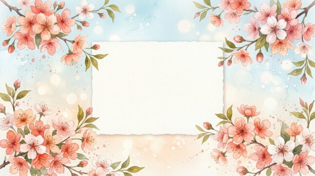 Watercolor cherry blossom frame with blank paper insert spring floral design