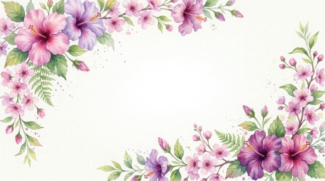 Watercolor floral border with pink and purple hibiscus and cherry blossoms on white background for greeting cards and invitations