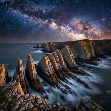 A dramatic wide-angle shot of a jagged, rocky coastline with sharp stone ridges pointing toward the sea