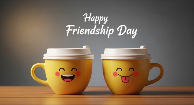 Happy international friendship day two smiling yellow coffee cups celebrating bonds