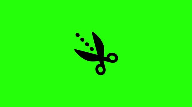 Premium 4K motion graphic of a sharp tailoring scissors tool cutting along a dotted line silhouette bouncing. Ideal asset for DIY workshop video.