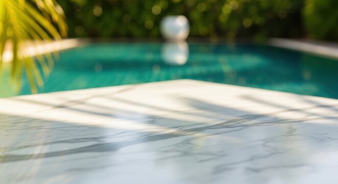 Luxury poolside patio tabletop with marble surface and blurred tropical background