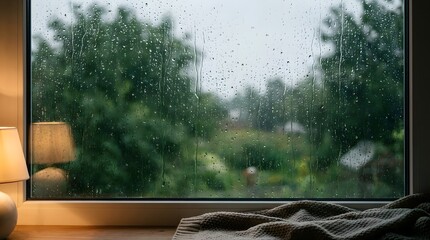 Obraz premium Raindrops on windowpane a scenic indoor view with blurred foliage