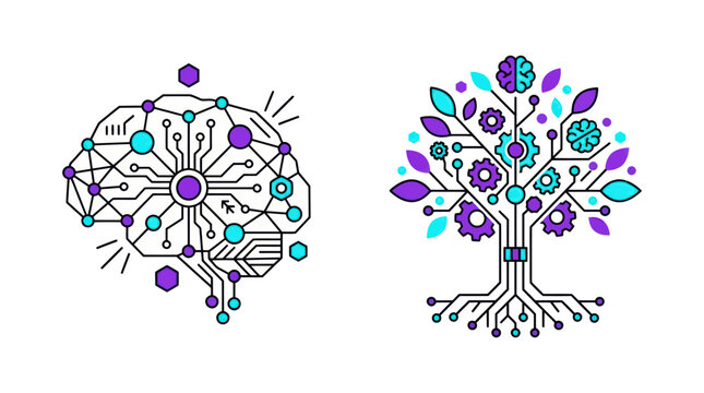Digital Brain and Technology Tree Vector Icon Set