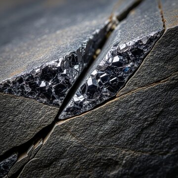 Shiny crystal geode texture inside cracked dark rock close up.