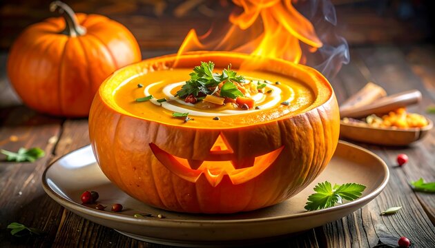 A carved pumpkin bowl filled with creamy soup and garnishes on a plate