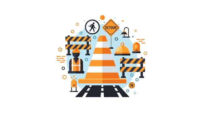 Road Construction and Maintenance Flat Vector Illustration - Work in Progress Concept with Traffic Cone, Safety Barricades, Detour Sign, and Worker Icon