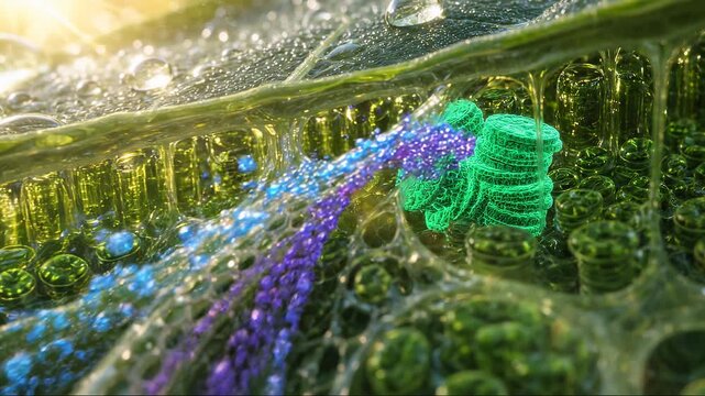 Microscopic Animation of Plant Cell Photosynthesis with Glowing Energy Flow and Chloroplasts