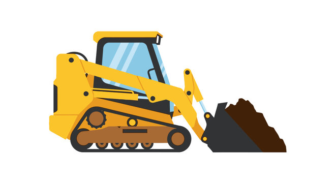 Yellow Tracked Skid Steer Loader with Dirt Bucket Isolated on White Background - Compact Construction Equipment Vector Illustration