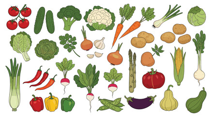 Fototapeta premium Comprehensive collection of diverse fresh vegetables such as broccoli, tomatoes, eggplant, peppers, and leafy greens.
