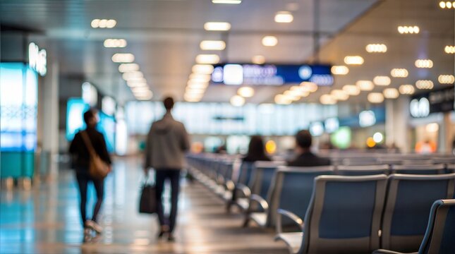 A soft-focus, blurred interior shot of a modern airport terminal departure hall or waiting area. aviation, business travel, global tourism, and transportation logistics.