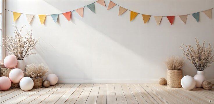 A bright cozy minimalist nursery playroom interior with blank white wall, perfect for a mockup. Soft, natural sunlight streams across the scene, a peaceful and inviting atmosphere for a child's space.