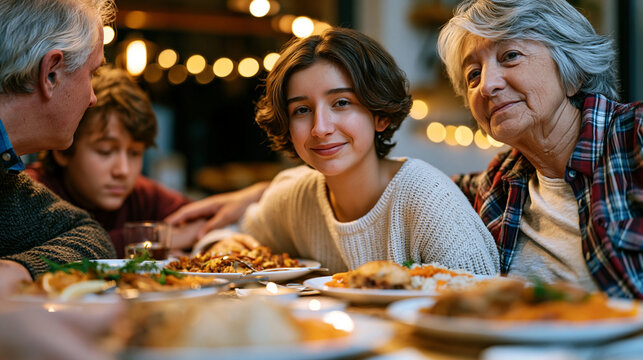 Multigenerational family at a holiday dinner table mid-argument, a teenage grandchild mediating between an uncle and a grandparent over opposite ends of the table while a grandmother loads more food