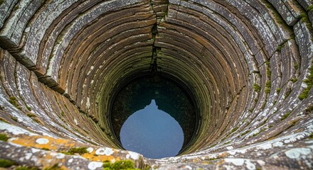 Naklejka premium A top-down view looking down into a deep, ancient stone water well with perfectly circular stone layers and clear water at the bottom reflecting the sky