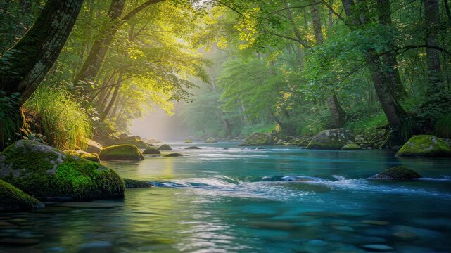 Serene forest river flowing over mossy rocks with sunlight filtering through lush green trees