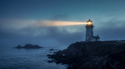 Obraz premium Lighthouse shining a bright beam of light through thick fog over the dark ocean water and rocky coast at night