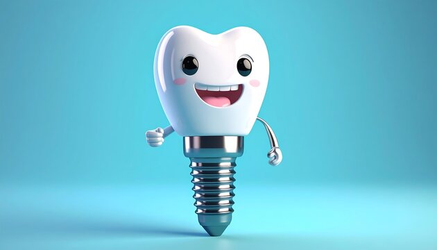 A cheerful cartoon tooth with a metal screw base and a wide smile