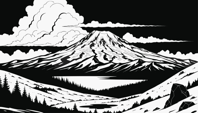 Very beautiful black-and-white engraved vector illustration featuring Mount Rainier rising above alpine meadows, evergreen forests, reflective lakes, and dramatic cloud formations in a timeless monoch