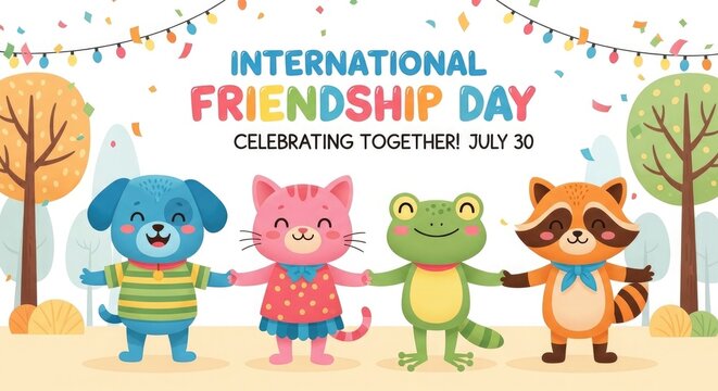 Happy international friendship day celebrations with colorful animal friends on july 30