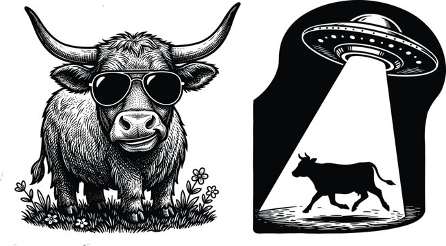 Funny Alien UFO Abduction Cow and Cool Highland Bull with Sunglasses Vector Illustration Set in Retro Vintage Engraving Style for Graphic Designs