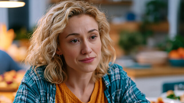 woman at a dinner table practicing saying no to relatives passing dishes, subtle discomfort on her face, people-pleasing recovery, family dynamics healing, boundary setting behavior, psychological g