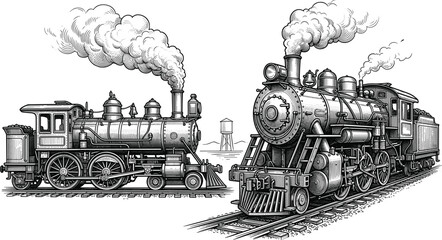 Vintage Steam Locomotive Train Vector Illustration in Detailed Engraving Style with Smoke and Railway Tracks for Antique Retro Transportation Designs © Sultana