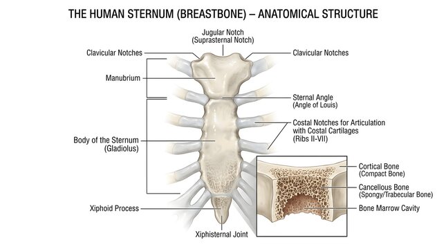 Detailed human sternum (breastbone) anatomical diagram illustrating manubrium, sternal body, xiphoid process, jugular notch, clavicular notches, costal notches for rib articulation and cancellous bone