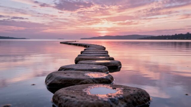 Serene sunset over calm water with winding stone path leading into peaceful landscape