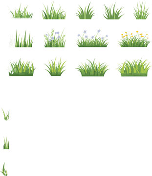 Green grass tufts and borders set with wild spring flowers fresh lawn tufts collection landscape design elements vector illustration isolated