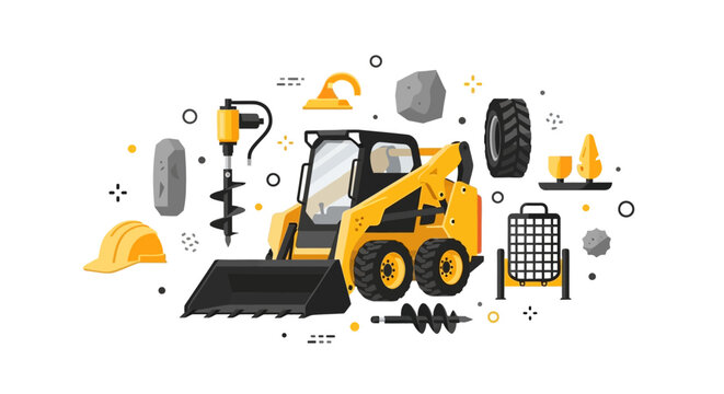 Skid Steer Loader Flat Vector Illustration with Construction Icons and Heavy Machinery Attachments