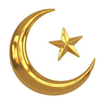 Golden crescent moon and star symbol of islam isolated on transparent background ramadan kareem and eid mubarak religious decoration 3d metallic icon for islamic holiday celebration