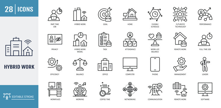 	
Hybrid work icons set. including freelance, location, working, hybrid work, digital nomad, work at home, outsource. outline icon set. vector illustration with editable stroke