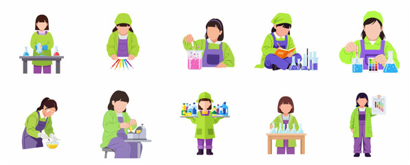 Fototapeta premium Flat vector set of children conducting chemistry experiments, pH testing, and learning in a laboratory environment