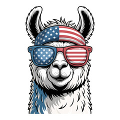 Naklejka premium A cartoon llama sports stylish sunglasses featuring the American flag pattern.