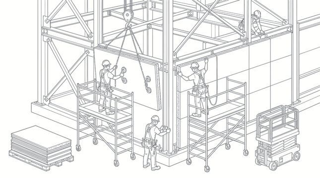 Construction Workers Installing Wall Panels Vector Illustration