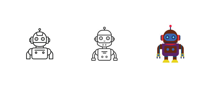 Set of three different robot characters with flat and outline styles for modern design.