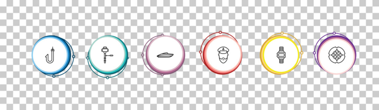 outline nautical icons set - fishing hook, boat engine, speed boat, compass. editable vector for web and mobile ui