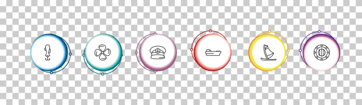outline nautical icons set - fish shaped bait, propeller, captain hat, submarine window. editable vector for web and mobile ui