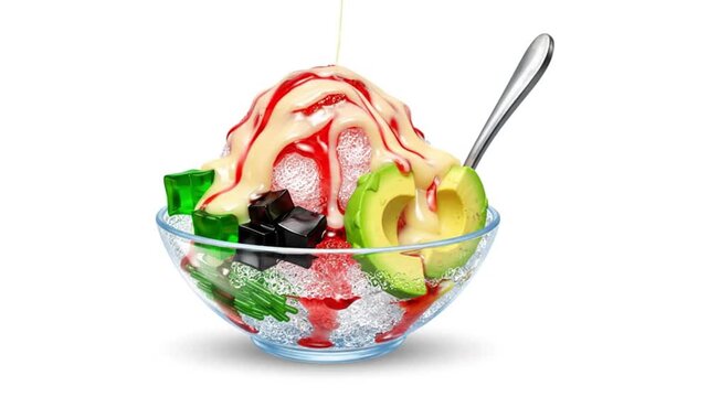 3D cartoon style vector illustration of Indonesian Es Campur dessert in a transparent glass bowl