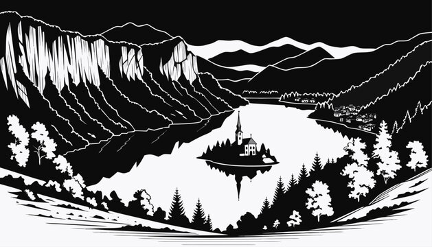 Very beautiful black-and-white engraved vector illustration featuring Lake Bled with its island church, tranquil waters, surrounding mountains, and enchanting European scenery rendered in elegant mono