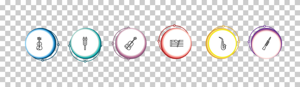 outline music and media icons set - viola, tuning fork, violin, oboe. editable vector for web and mobile ui