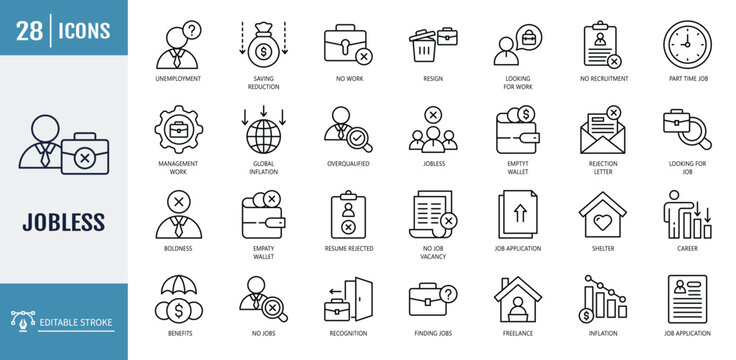 Jobless icon set. including global inflation, job application, overqualified, kindness, management work, boldness. outline icon set. vector illustration with editable stroke