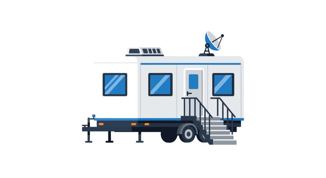 Modern Mobile Office Trailer with Satellite Dish Vector Illustration for Construction Site and Remote Field Station