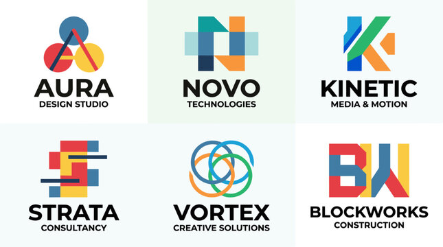 Contemporary Bauhaus Style Logo Collection in Minimal Geometric Flat Vector Design Featuring Overlapping Shapes, Modular Letterforms and Vibrant Corporate Brand Identity Concepts on White Background